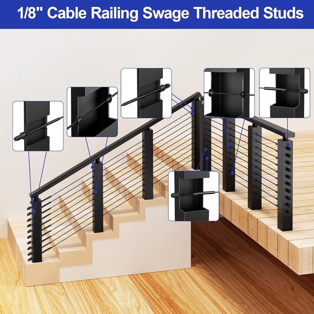 60 Pack 6" Long 1/8" Black Swage Threaded Stud Tension End Fitsting Terminal