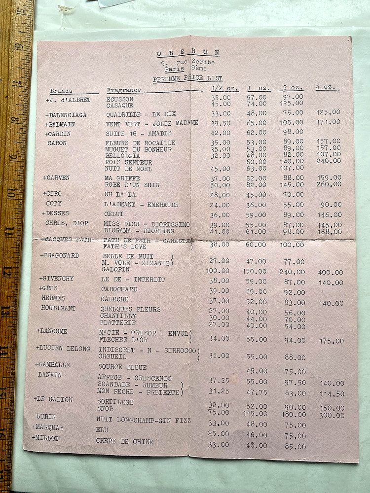 Post-War Paris Perfume Company Price Sheet. Oberon, Paris.