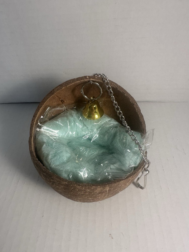 Coconut Shell Hamster Nest House with Chain, Bell, Soft Padding, Small, Brown
