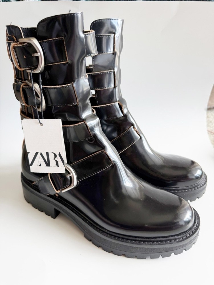 Zara Black Leather Multi Buckle Combat Boots Size 39