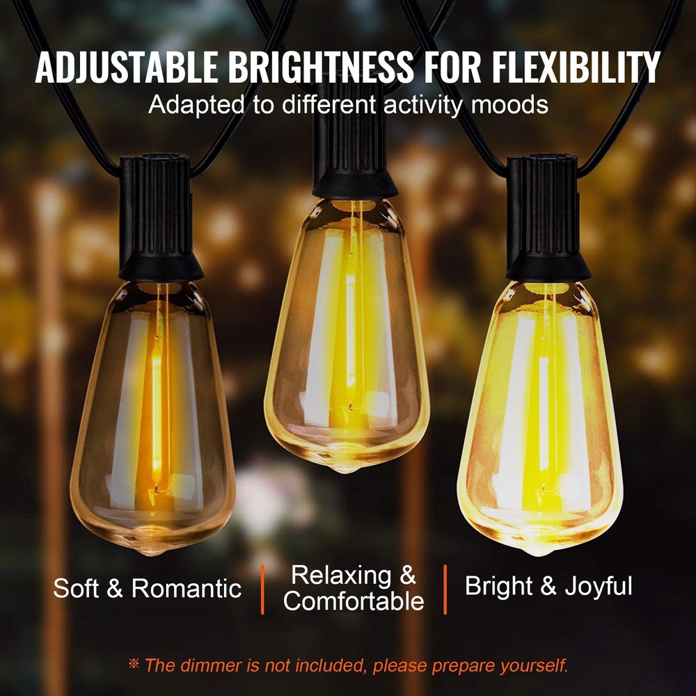 50FT LED Outdoor String Patio Lights Waterproof ST38 Shatterproof Bulbs