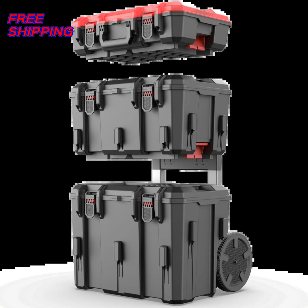 Stackable Toolbox Heavy Duty 3 Piece Modular Rolling System Equipment Storage
