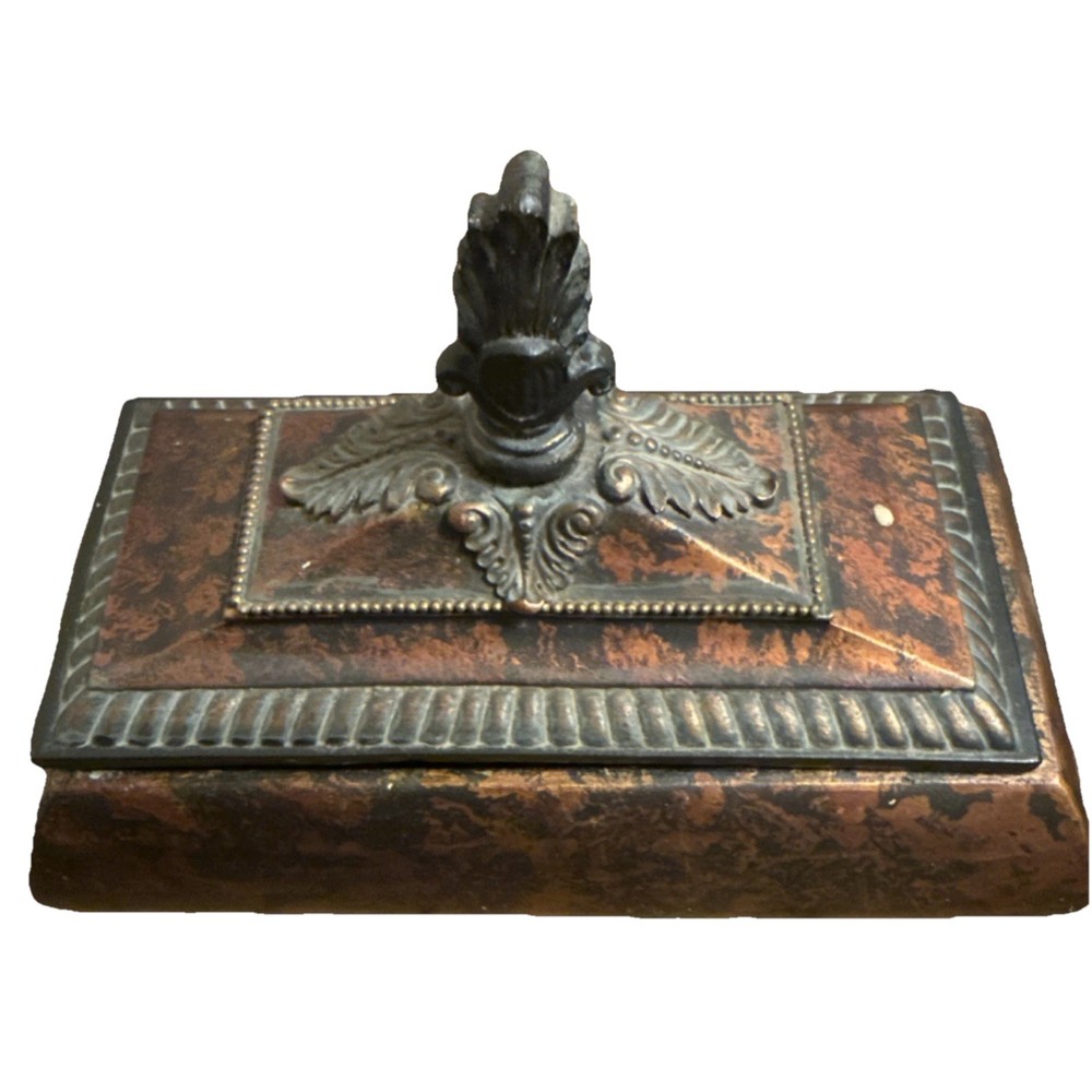 Decorative Metal Rectangular Box with Ornate Lid, Brown Black, Freestanding