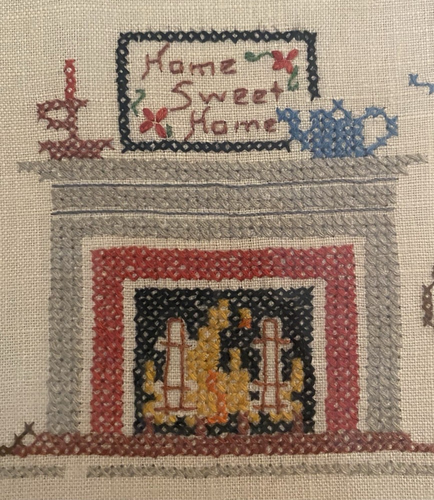 Vtg Framed Cross Stitch Sampler Hearth And Home Dated 1963 Housewarming Gift