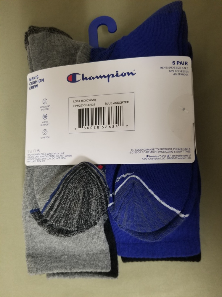 New Champion Mens 5 Pair Multi Color Athletic Crew Socks.