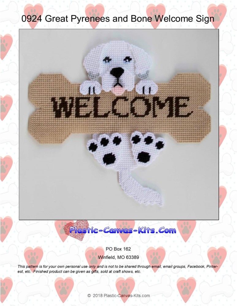 Great Pyrenees Dog and Bone Welcome Sign- Plastic Canvas Pattern or Kit