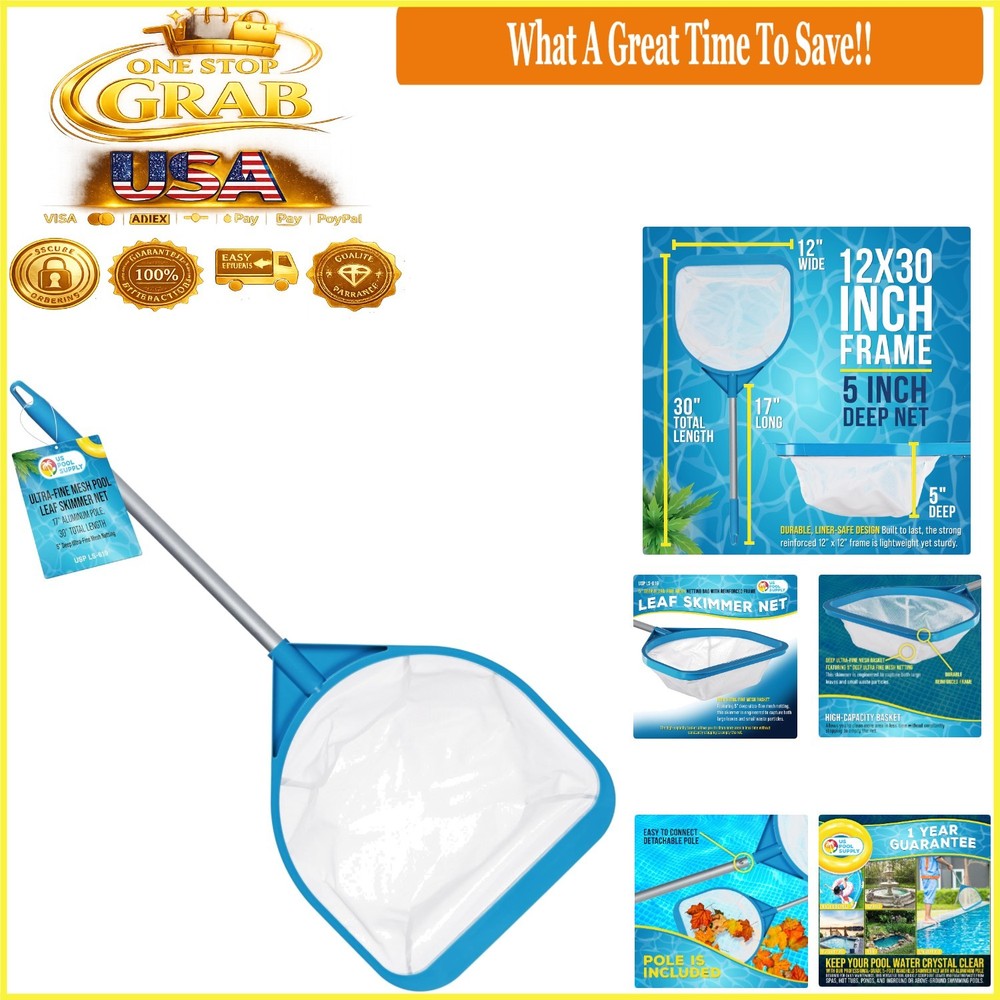 Pool & Spa Skimmer Net with Pole 30" Ultra-Fine Mesh Leaf Scoop