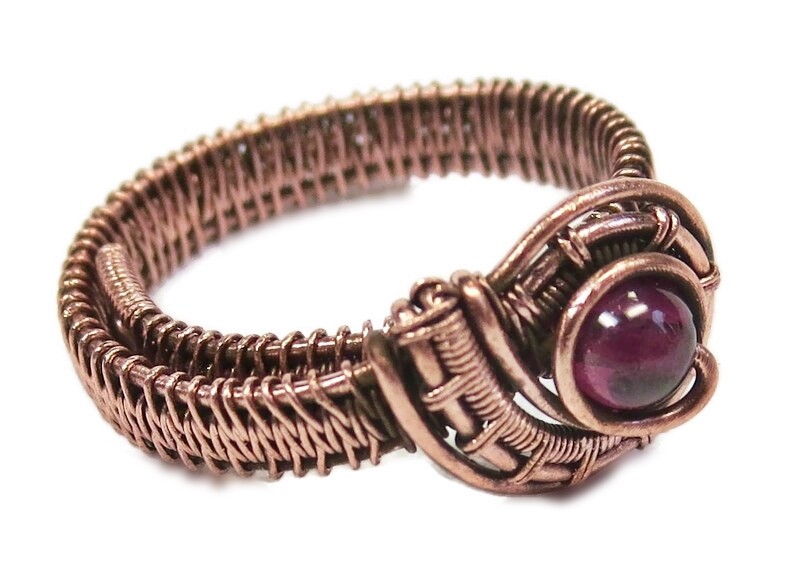 Garnet Adjustable Ring, Woven in Copper Wire