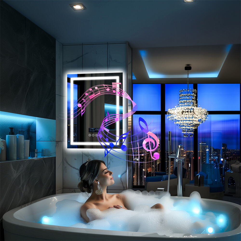 Anti-fog LED Lighted Bathroom Mirror with Bluetooth Speaker Front-lit Backlight