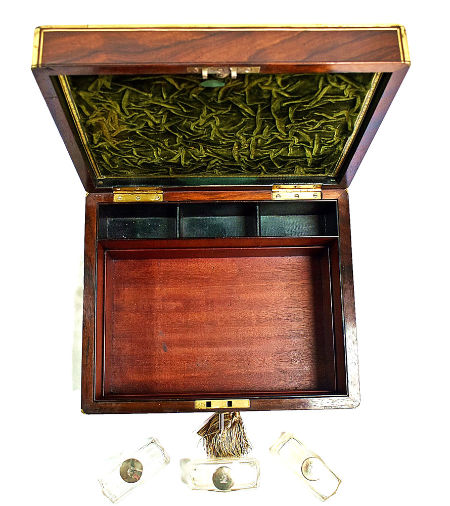 Late Georgian Dressing Box containing Silver plated Jars & Containers + Key