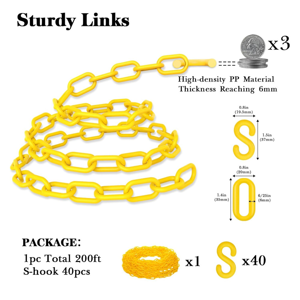 Plastic Chain, 200Ft Yellow Plastic Chains Links, Large Plastic Safety Chain ...