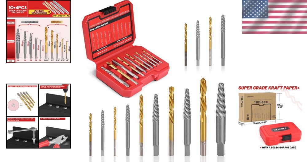 14 Pieces Left Hand Drill Bits Set for Removing Stripped Screws and Broken Bolts