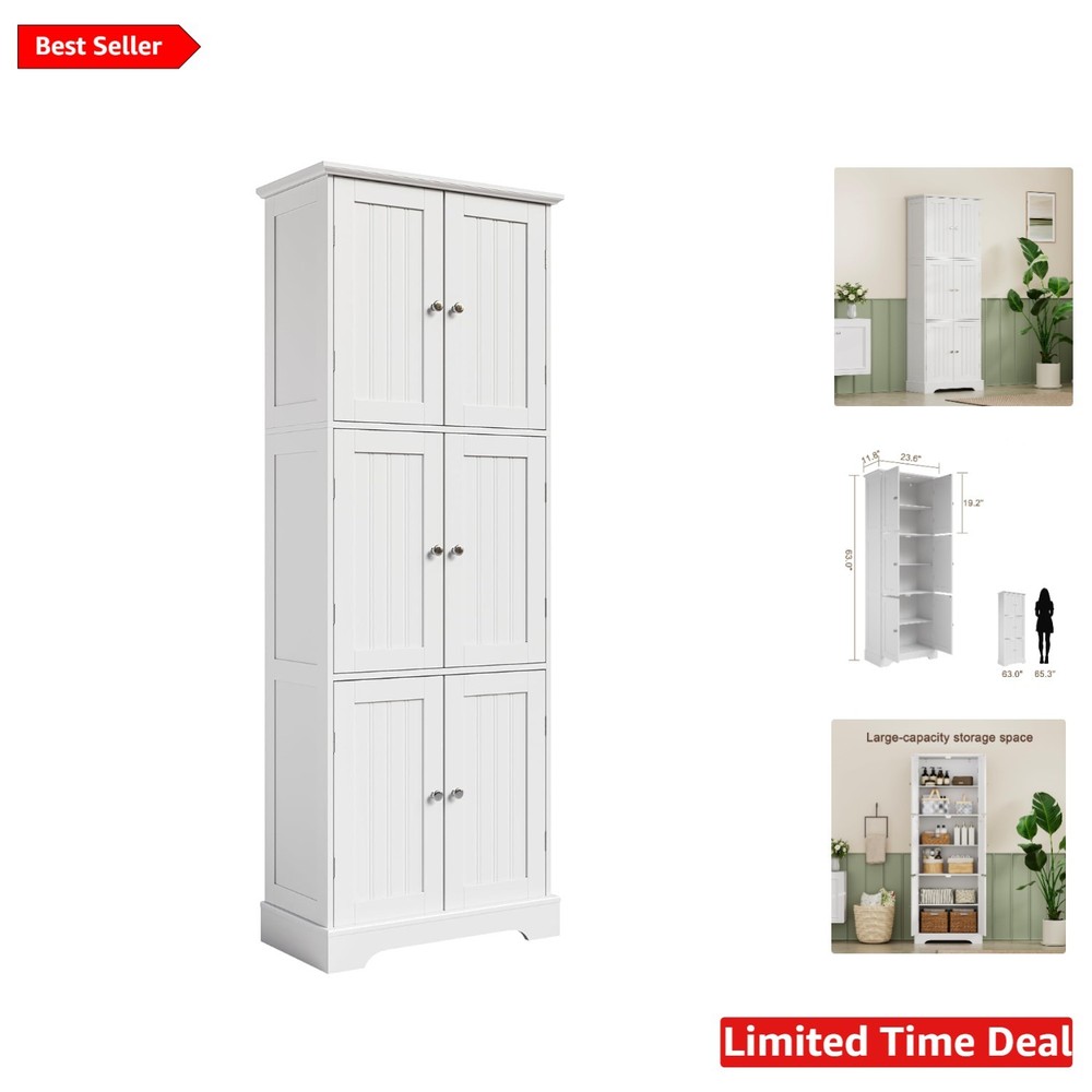 White Freestanding Bathroom & Kitchen Storage Cabinet - 6 Doors & Safety