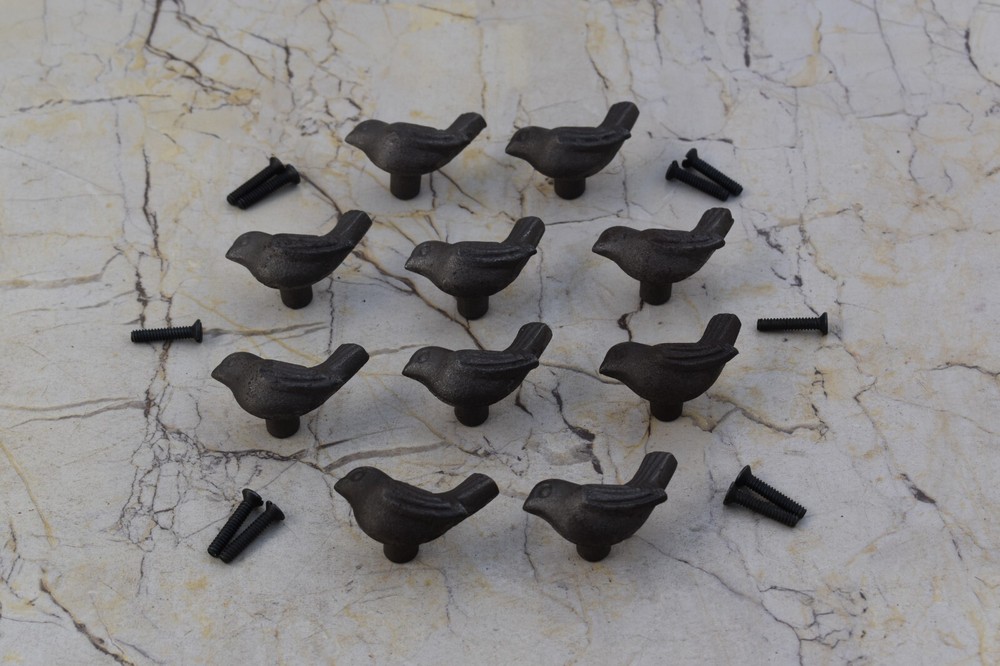 Vintage cast Iron Bird shape door knobs cabinet drawer handles pull rustic 10 pc