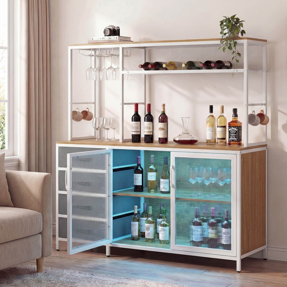Sideboard Buffet Cabinet w/ LED Lights, 55" Coffee Table w/ Power Outlets