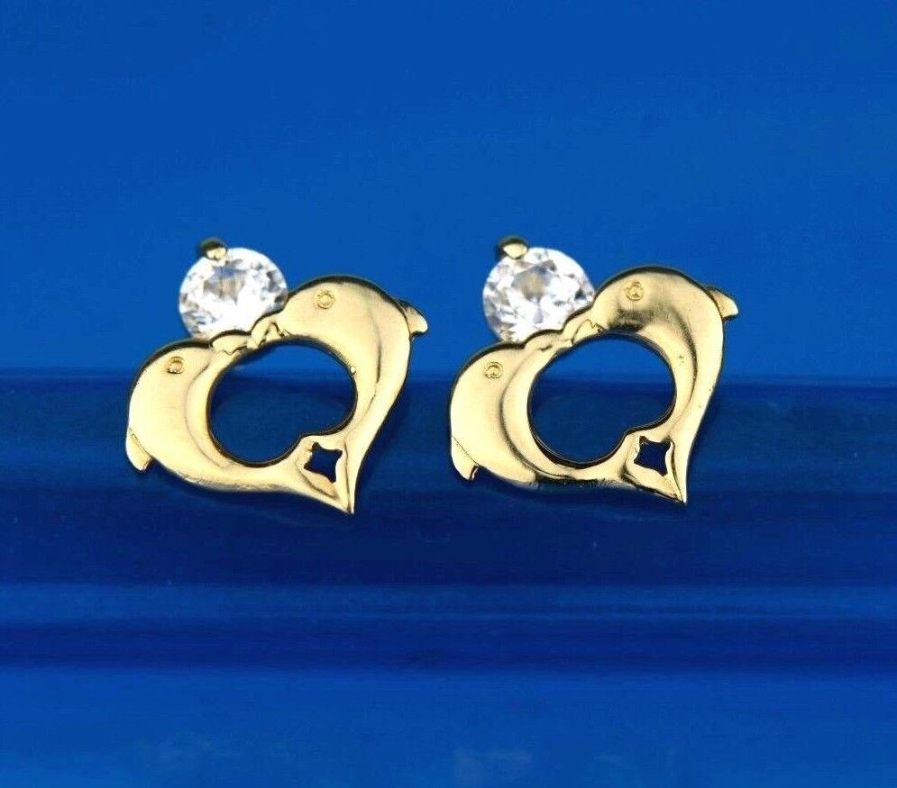 14k Yellow White Gold Double Dolphin Earrings