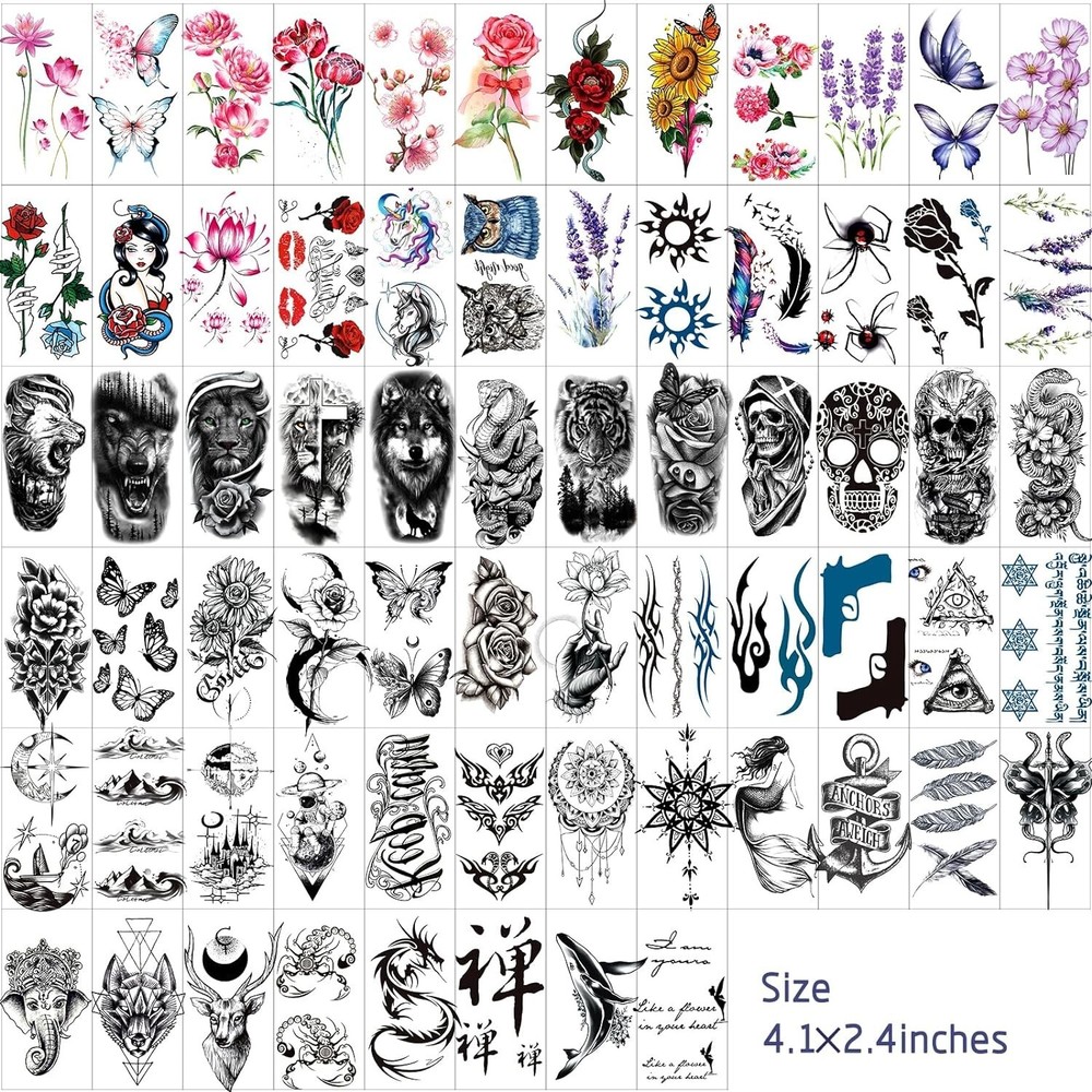 72 Sheets Temporary Tattoo for Men Women Adults Include 12 Sheets Large Black...
