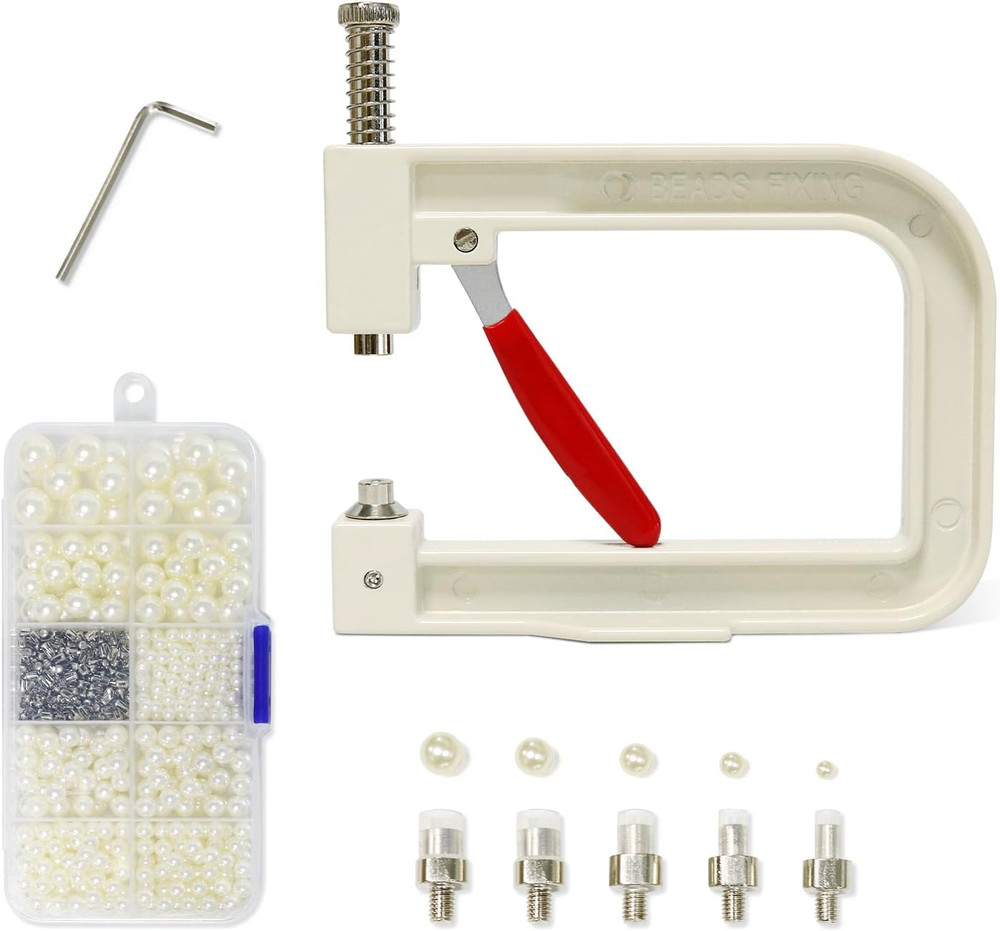 Troyune Pearl Setting Machine, Pearl Hand Press Tools with White Pearl Beads