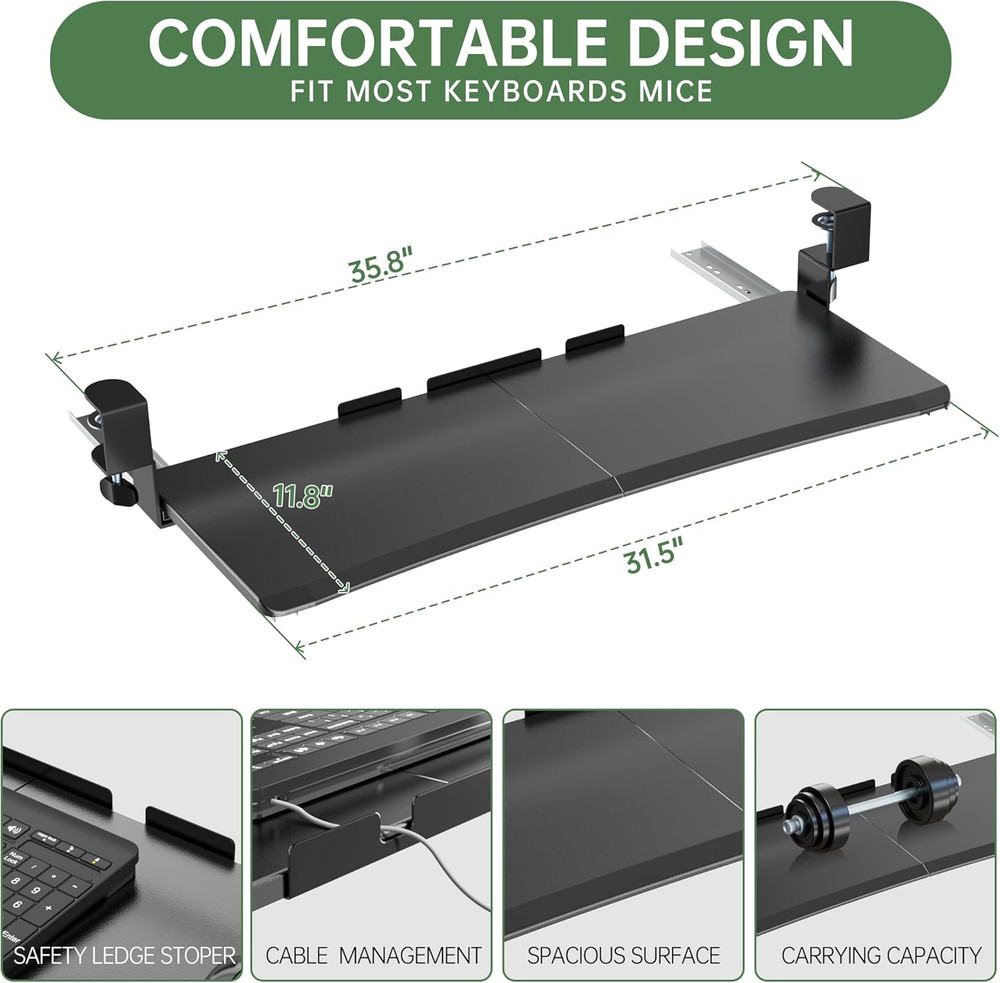 Extra Large Keyboard Tray under Desk - Slide Out with Sturdy C-Clip Mount System