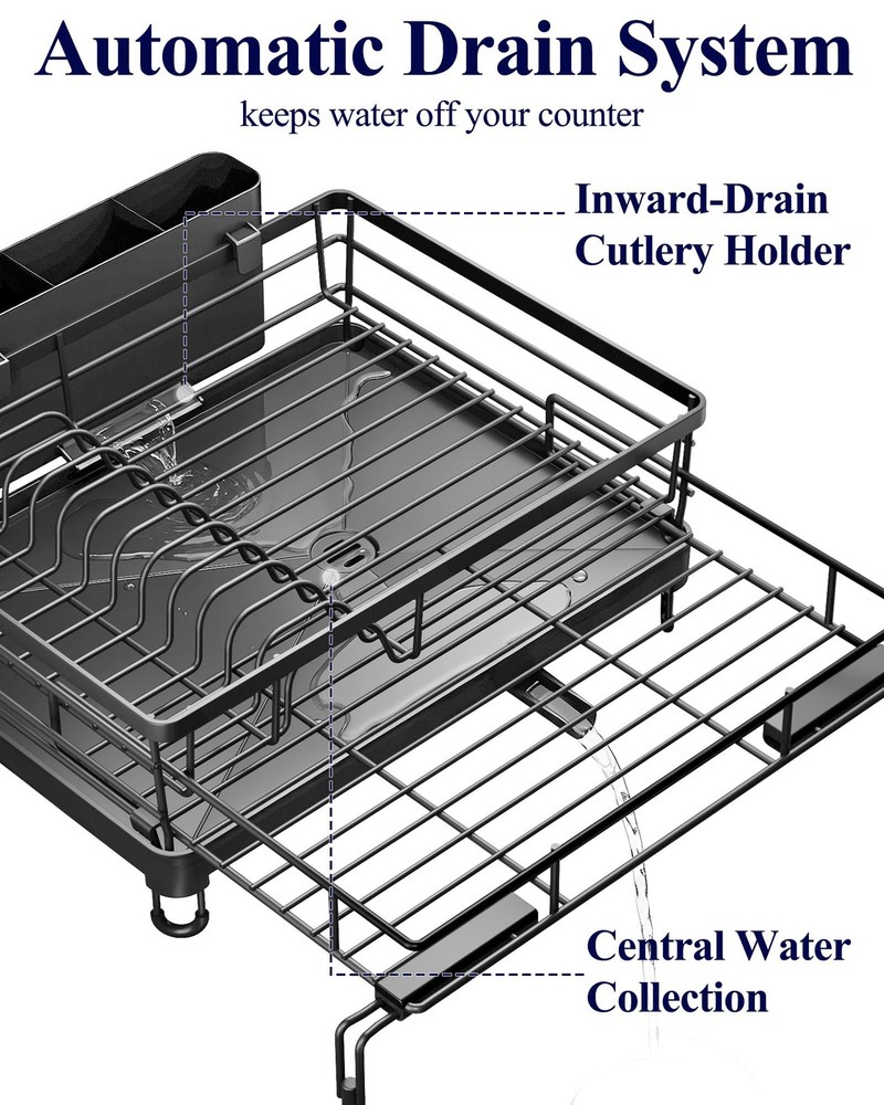 Extendable Dish Drying Rack Rust Resistant Adjustable Legs Cutlery Black