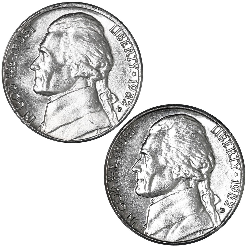 1982 P D Jefferson Nickel BU 2 Coin Year Set