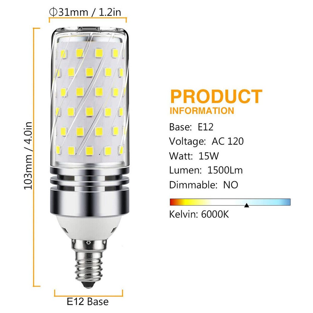 E12 White LED Corn Bulbs 16W Candelabra Ceiling Fan Light Bulbs Daylight 6000K