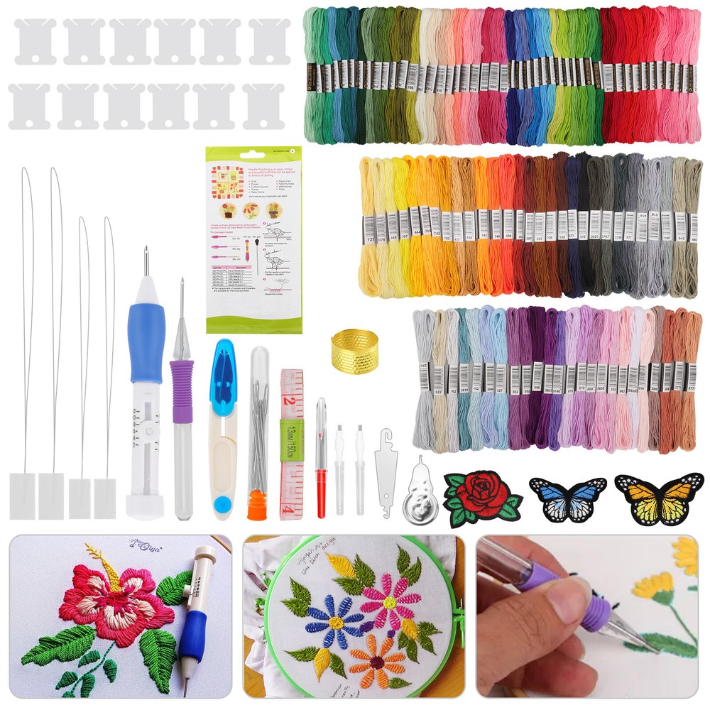 Embroidery Punch Needle Thread Kit Knitting Sewing Set 100 Color Thread