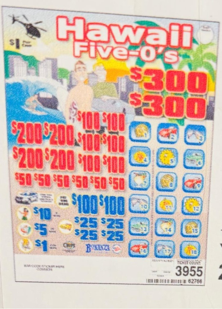 Pull Tab Tickets - Chip - Game - Pick Board - Hawaii Five O's - 3,955 ct