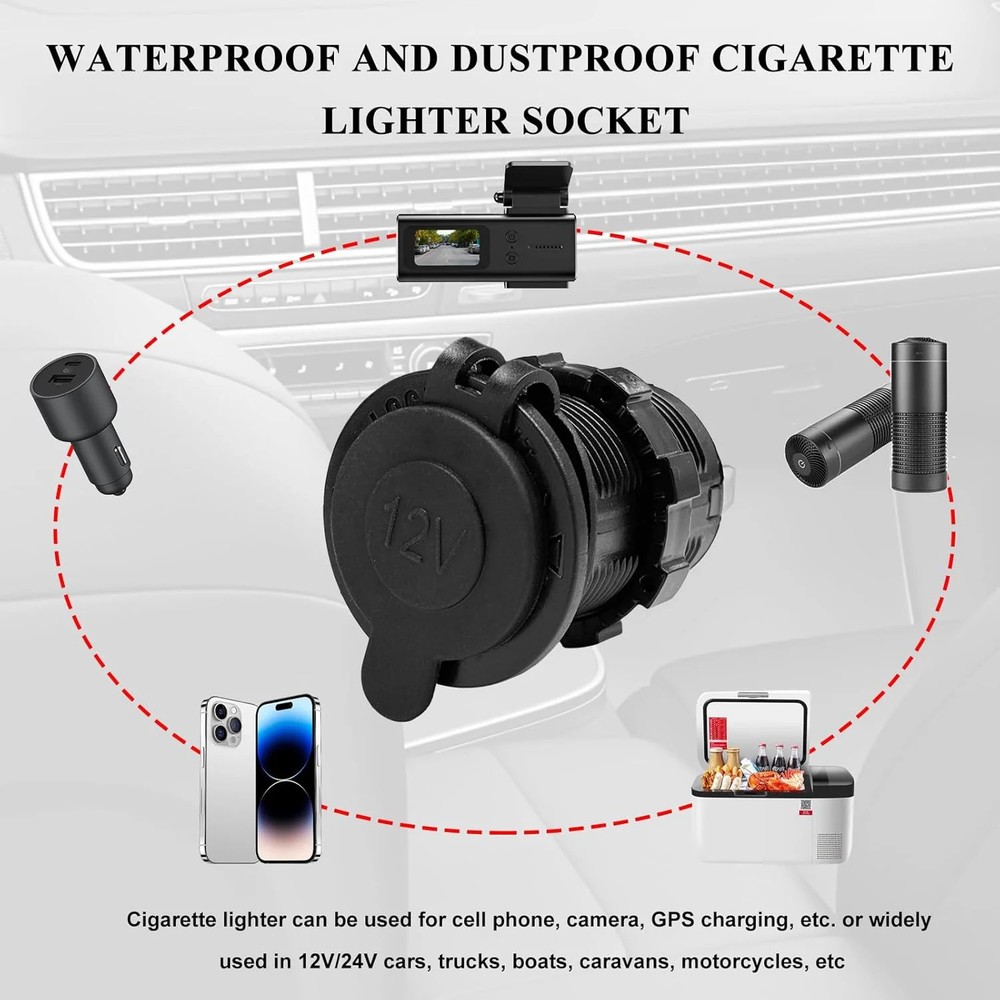 12V Car Cigarette Lighter Socket, Waterproof Plug Cigarette Lighter Outlet with