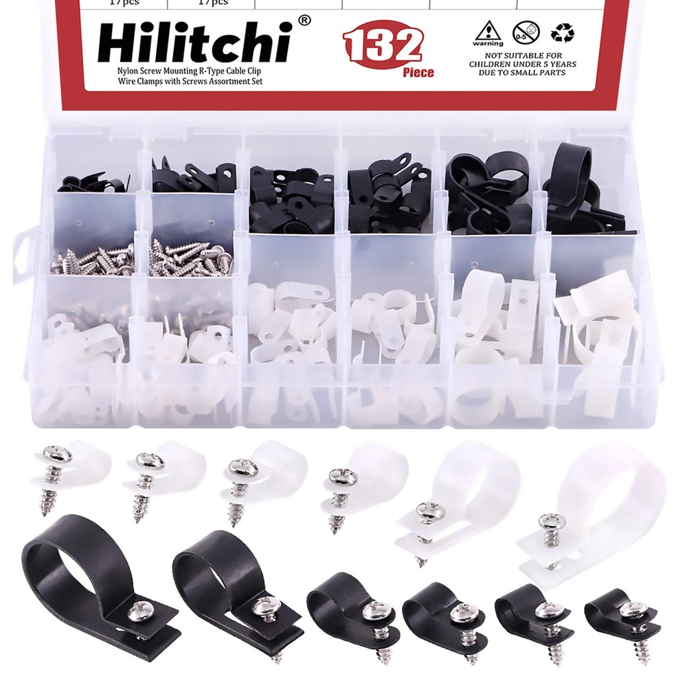 132 PCS 6 Size Black White Plastic Cable Clamp R Type Screw Mount Fastener