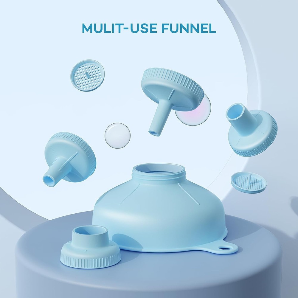 Heat-Resistant Kitchen Funnel with 5 Interchangeable Spouts & Strainers – Blue