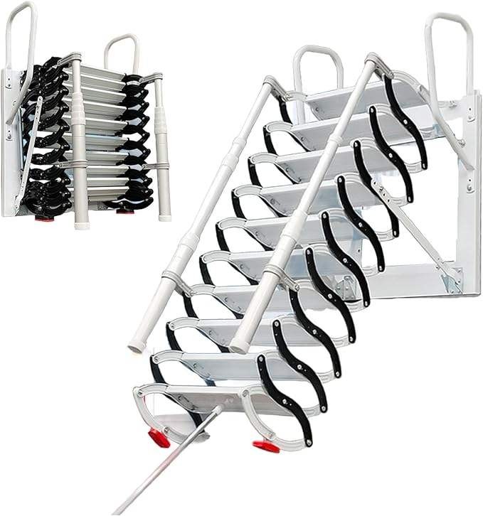 10ft Wall Mounted Folding Ladder Loft Stairs Attic Steps Pull Down + armrest