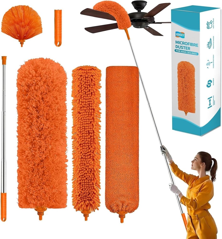 Extendable Cobweb Duster Kit with Telescoping Pole and Microfiber Head for Hi...