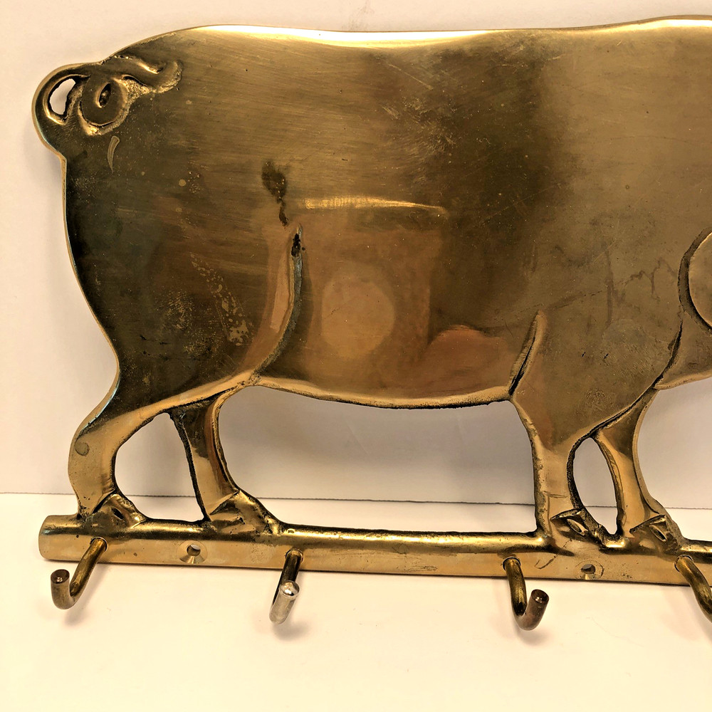Solid Brass 4" Wall Mounted Piggy Key Holder-4 Hooks~Rustic Home & Farm Decor