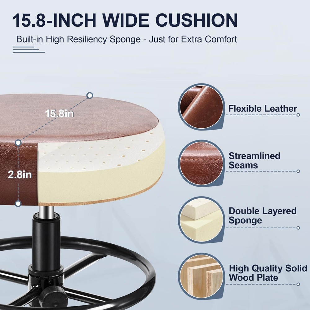 17 STORIES D16 ADJUSTABLE FOOT REST ROLLING STOOL WITH WHEELS - EMBER BROWN