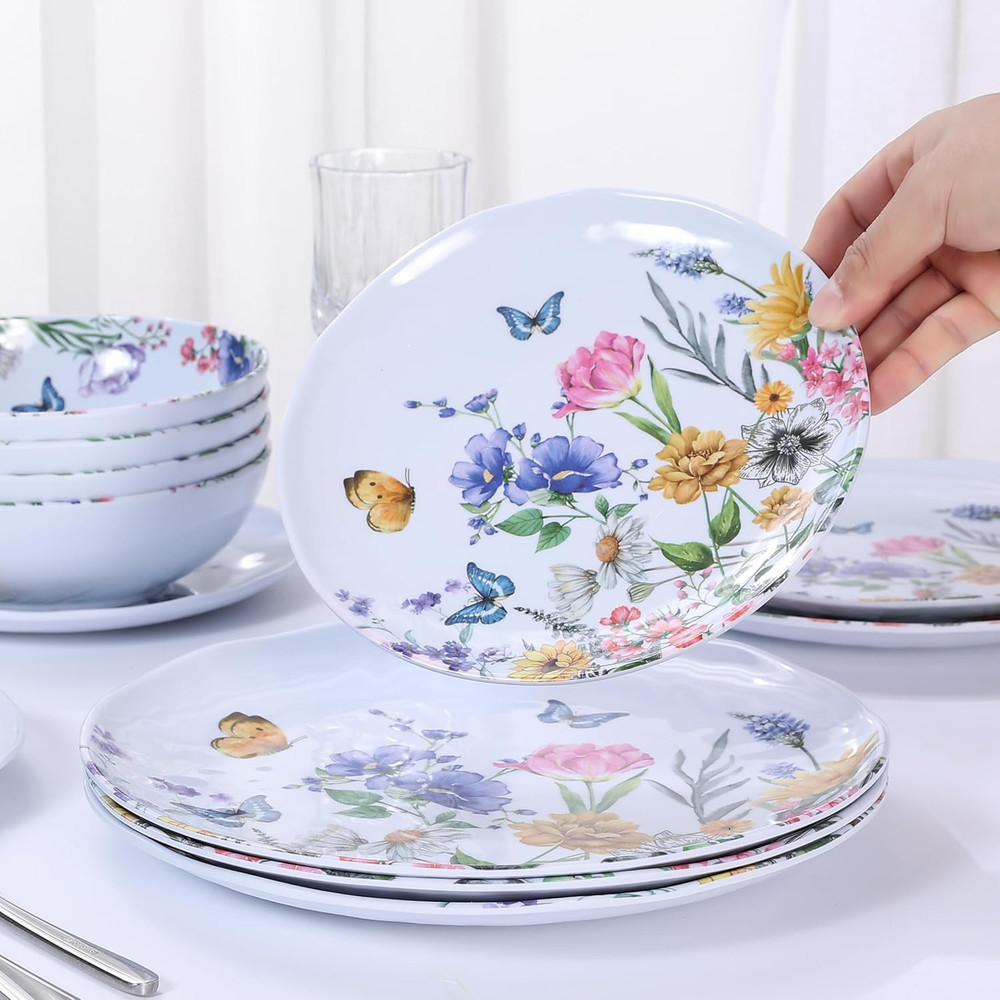 12 Piece Melamine Dinnerware Sets - Plates and Bowls Sets Floral Dinnerware Sets