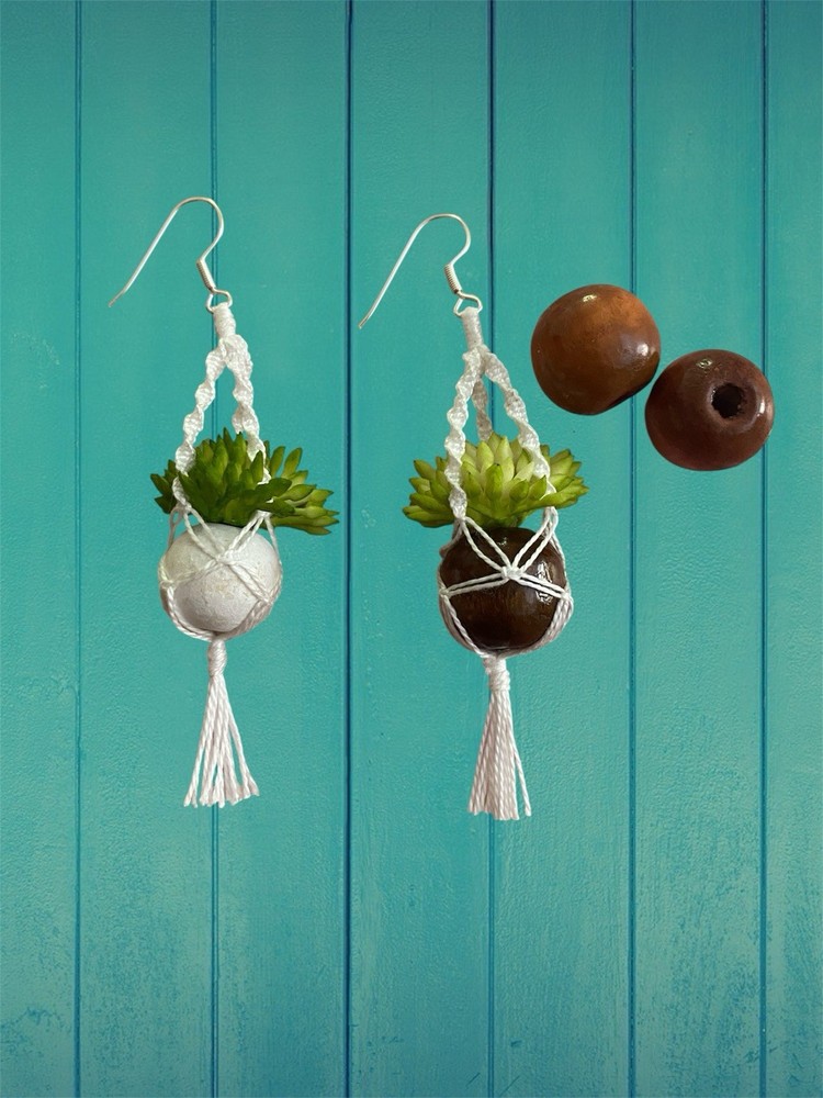 Sterling Silver Macrame Boho Plant Hanger Earrings with Succulent