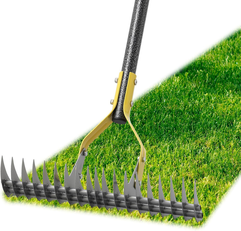 Thatch Rake, 19-Tine Lawn Leveling Dethatcher Rake with Long Adjustable Steel Me