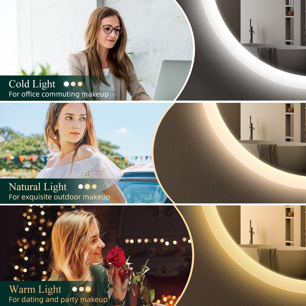 23.6 in Round LED Bathroom Lighted Mirror Bluetooth 3 Colour Wall Vanity Mirror