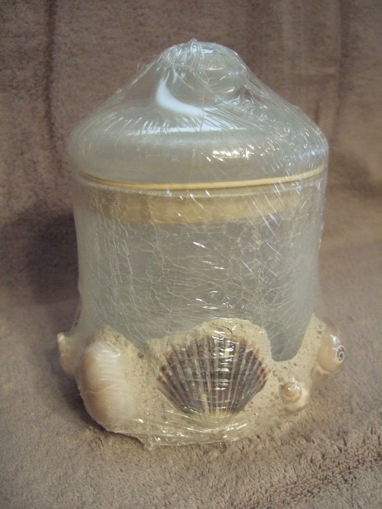 Crackle Glass Lidded Jar w/ Sand & Shells Decor New!