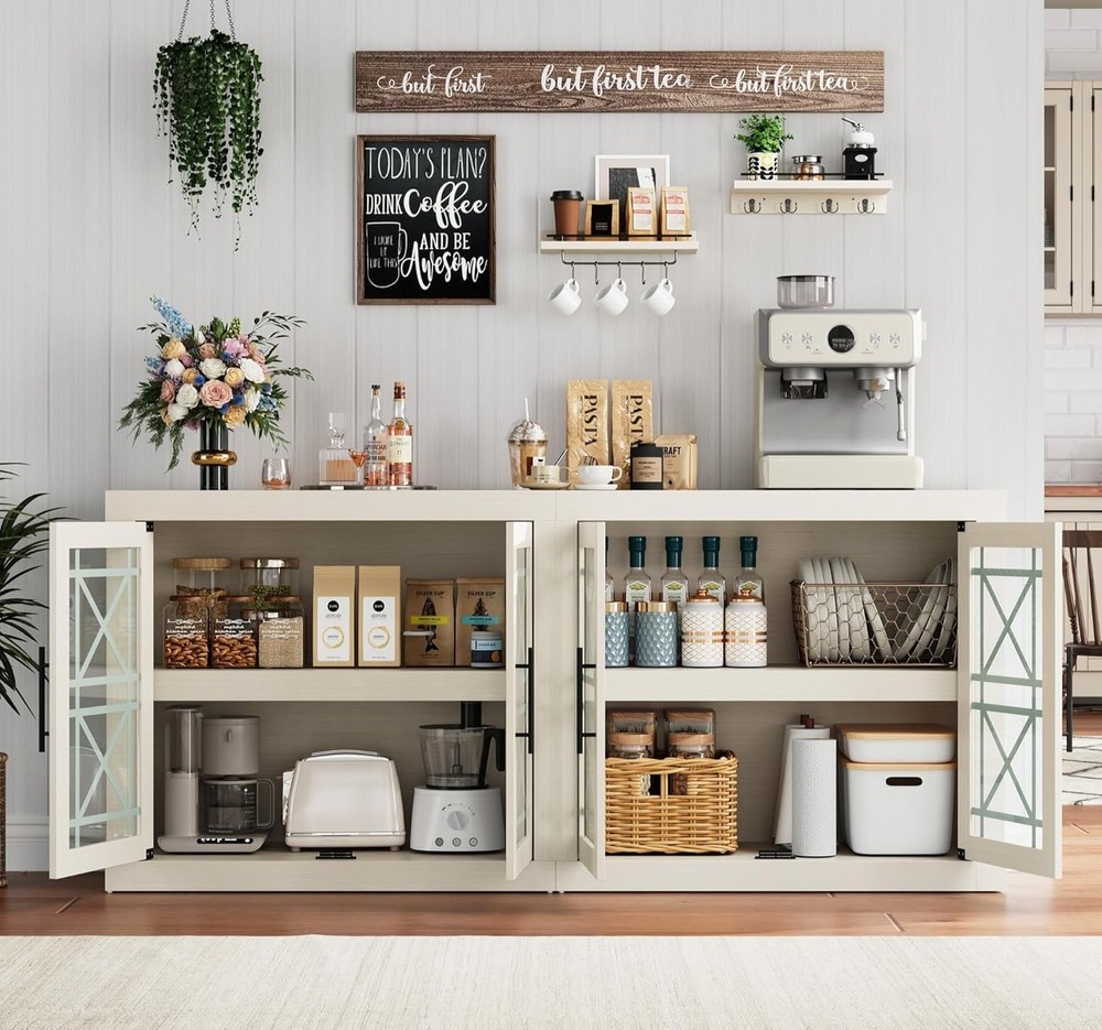 Sideboard with Glass Doors,Coffee Bar Cabinet for Storage,Kitchen Server Console