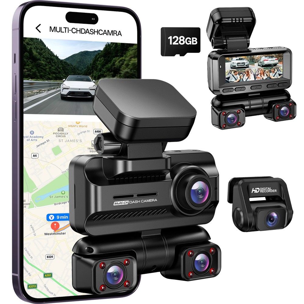 360° 4K 1080P 4CH WiFi Car Dash Cam Front & Rear & Inside Camera Loop Recording