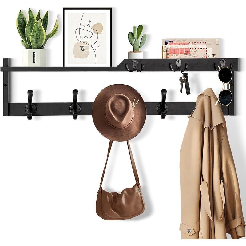 Wall Mounted Coat Rack W/ Shelf Key Hooks Mail Organizer Hat Rack Storage Black