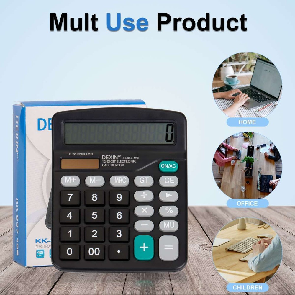 Large 12-Digit Calculator Big Button Desktop Math Display Solar Battery Powered