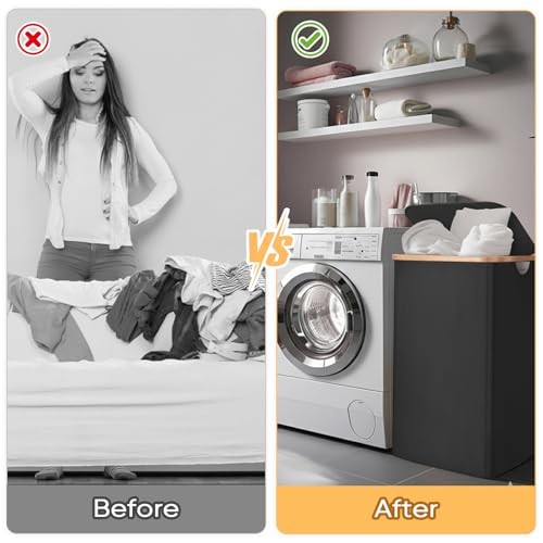 Laundry Hamper with Lid, Tall Laundry Baskets with Bamboo Pull 70 liters Black