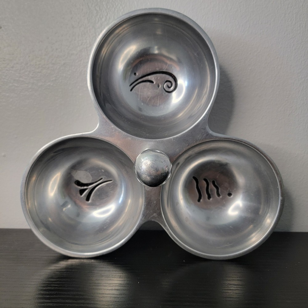 Lenox Pewter Three Bowl Server Condiments Dips Garnishes Bowls Attached Handle