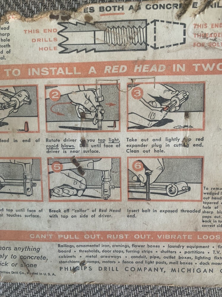 Rare Never Opened/Used 1958 Phillips Red Head Concrete Drill & Anchor Kit *notes