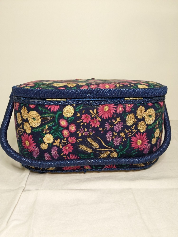 Sewing Basket Rectangular Floral Padded Cloth with Handle Navy Blue Pink Gold