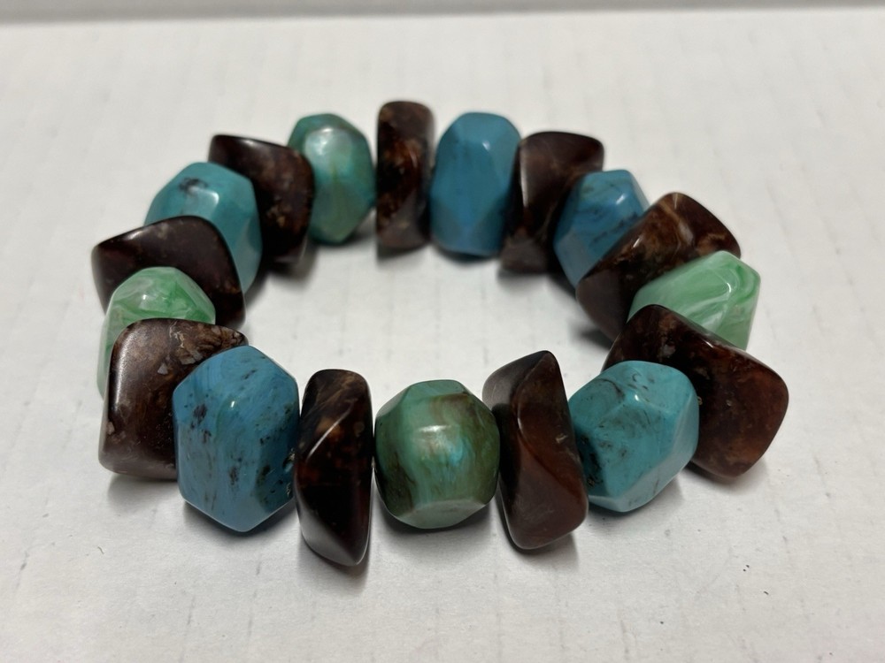 Bracelet Stretch Blue turquoise brown stones chunky