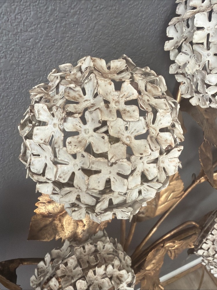 1950s Hydrangea Wall Light gilded brass with white enamel hydrangeas